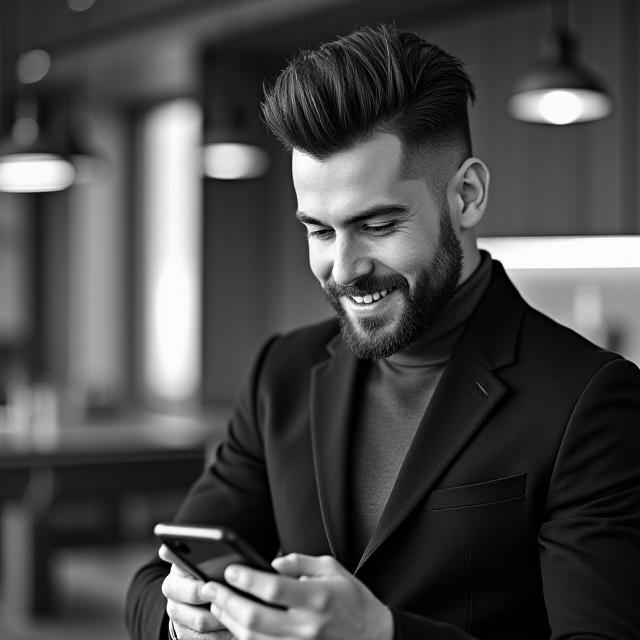 Client satisfait consultant son smartphone après une coupe de cheveux chez ThreadCut